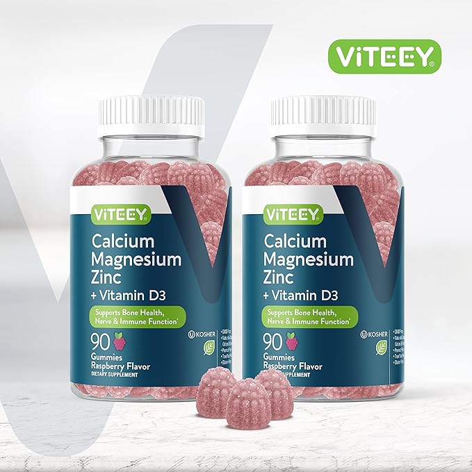 Calcium Magnesium Zinc Gummies with Vitamin D3 - Supports Bone Health, Nerve & Immune Function - Calcium Magnesium Zinc D3 Supplement for Adults & Teens - GMO Free - Chewable Raspberry Flavored Gummy