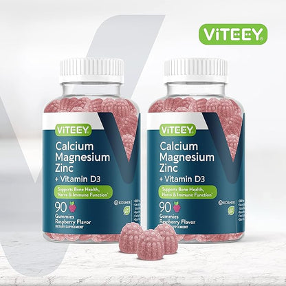 Calcium Magnesium Zinc Gummies with Vitamin D3 - Supports Bone Health, Nerve & Immune Function - Calcium Magnesium Zinc D3 Supplement for Adults & Teens - GMO Free - Chewable Raspberry Flavored Gummy