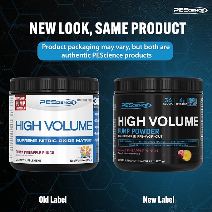 PEScience High Volume Nitric Oxide Booster Pump Pre Workout Powder, Guava Pineapple Punch, 36 Scoops, Caffeine Free