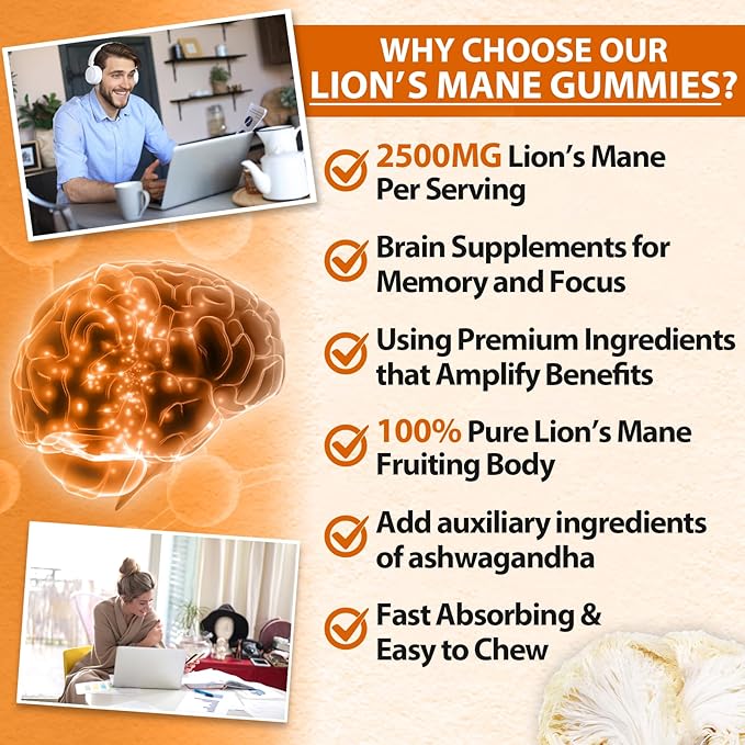 Lions Mane Gummies, Organic Lion's Mane Extract to 2500mg, Brain Supplements for Memory and Focus, Immune & Relaxation, Lions Mane Gummies for Adults, with Ashwagandha & Alpha GPC, 60 Mushroom Gummies