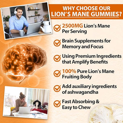 Lions Mane Gummies, Organic Lion's Mane Extract to 2500mg, Brain Supplements for Memory and Focus, Immune & Relaxation, Lions Mane Gummies for Adults, with Ashwagandha & Alpha GPC, 60 Mushroom Gummies