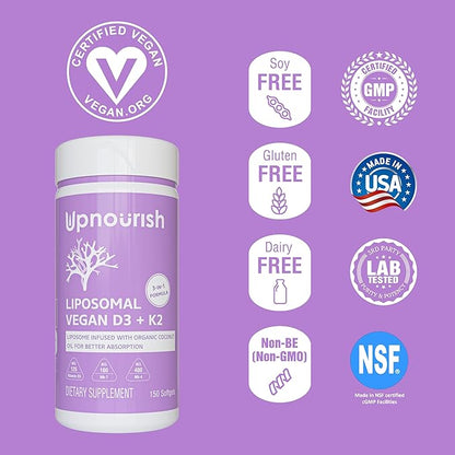 UpNourish Certified Vegan Vitamin D3 5000 IU K2 MK4 MK7 500 mcg Supplement, 150 Softgels, Plant Based Liposomal Vitamin D K with Organic Coconut Oil, Non GMO, Gluten and Gelatin Free