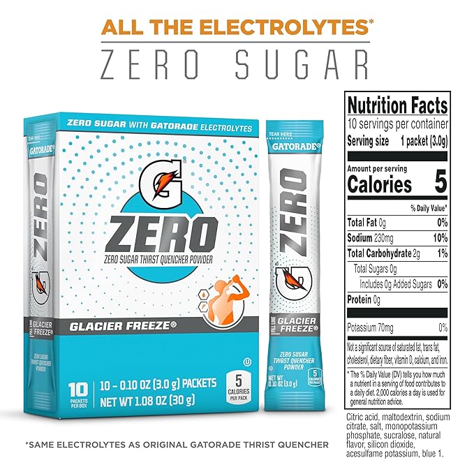 Gatorade G Zero Powder, Glacier Freeze, 0.10 oz Packets (120 Pack)