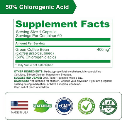Lovita Green Coffee Bean Extract: Natural Antioxidant, High Potency - 1600mg Equivalent, 50% Chlorogenic Acid, Vegan-Friendly Dietary Supplement - 60 Capsules