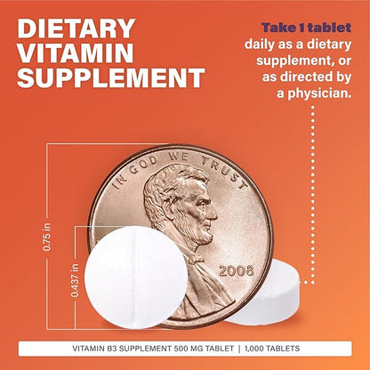 Rugby Niacin 500mg - Vitamin B3 Supplement for Men and Women - 1,000 Tablets