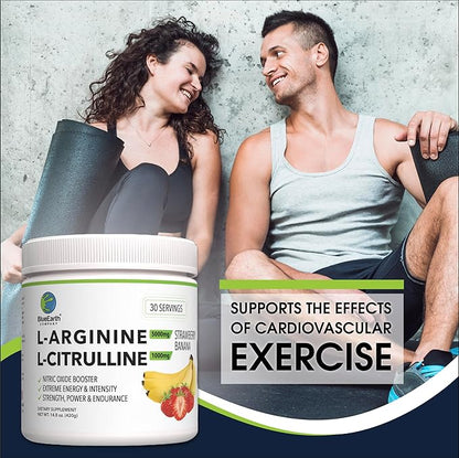 L-Arginine 5000mg + L-Citrulline Complex Powder Supplement Drink Mix - Nitric Oxide Booster for Heart Health, Blood Flow & Energy - 30 Servings (Strawberry Banana)