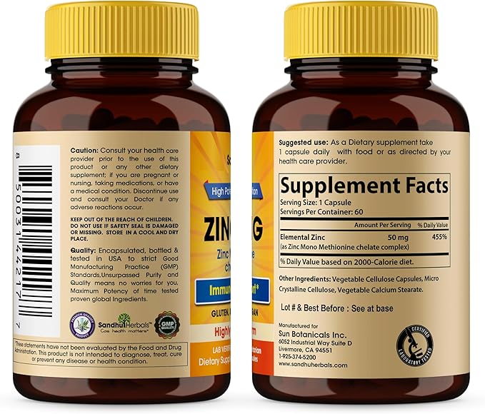 Sandhu Herbals Zinc 50mg Supplement for Men & Women| High Absorption Zinc Monomethionine Complex 60 Capsules| Zinc Supplements for Immune, Acne & Antioxidant Support| Vegetarian
