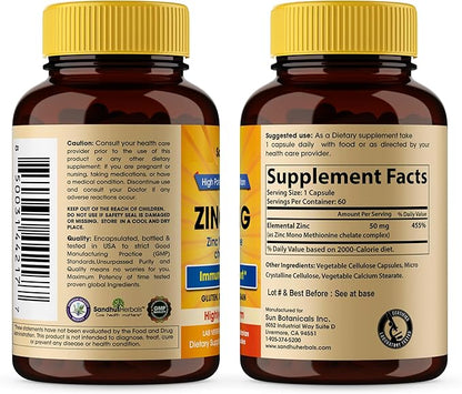 Sandhu Herbals Zinc 50mg Supplement for Men & Women| High Absorption Zinc Monomethionine Complex 60 Capsules| Zinc Supplements for Immune, Acne & Antioxidant Support| Vegetarian