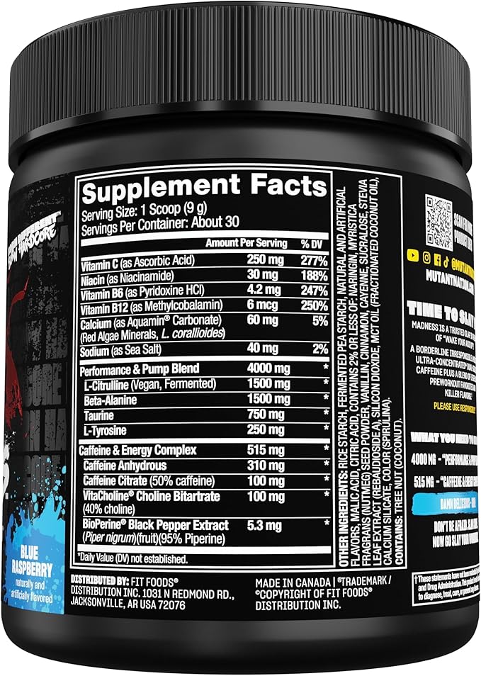 Mutant Madness | Pre Workout Powder Supplement Performance and Pump Blend Includes L-Citrulline, Beta-Alanine, Taurine, L-Tyrosine | 30 Serving | Blue Raspberry