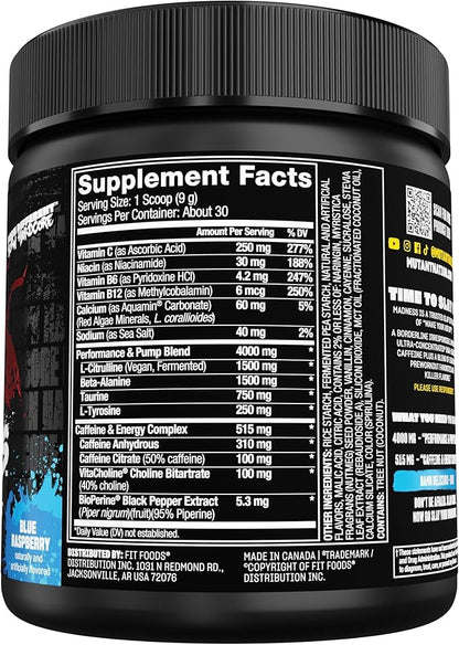 Mutant Madness | Pre Workout Powder Supplement Performance and Pump Blend Includes L-Citrulline, Beta-Alanine, Taurine, L-Tyrosine | 30 Serving | Blue Raspberry