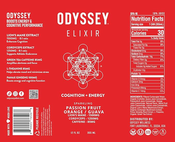Odyssey Elixir Functional Beverage - Adaptogen Drink - Lions Mane, Cordyceps, L Theanine & Green Tea Caffeine - for Cognition, Energy & Mood Boost - 0 Added Sugar - Passion Fruit Orange Guava - 12 Pk