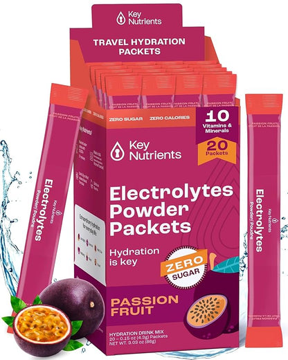 KEY NUTRIENTS Multivitamin Electrolytes Powder Packets - Delicious Passion Fruit 20 Pack Hydration Packets - Travel Hydration Powder - No Sugar, No Calories, Gluten Free - Made in USA