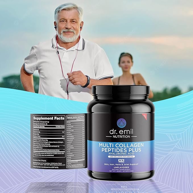 DR. EMIL NUTRITION Multi Collagen Peptides Powder - 20g of Unflavored Hydrolyzed Collagen Protein Powder with Hyaluronic Acid for Hair, Skin, Nails and Joints - 30 Servings
