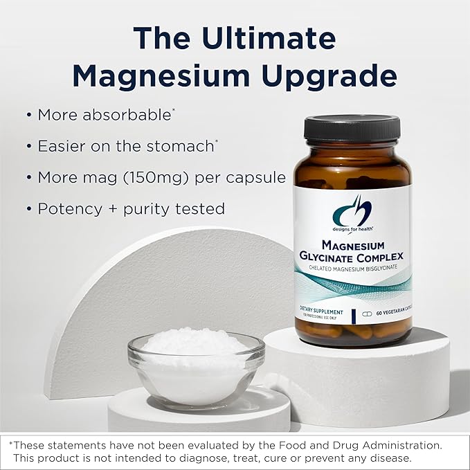 Designs for Health Magnesium Glycinate Complex - Chelated Magnesium Bisglycinate + High Absorption Magnesium Oxide for Heart Health, Immune Support & Bone Strength - Vegan (120 Capsules)