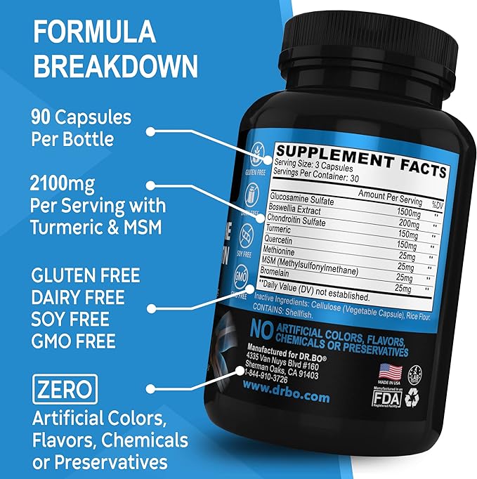 Glucosamine Chondroitin MSM Turmeric - Joint Health Supplement 2100mg Knee Bone & Joints - Joint Support Supplement Pills Advanced Glucosamine Sulfate Capsules Joint Supplements for Men Women Adults