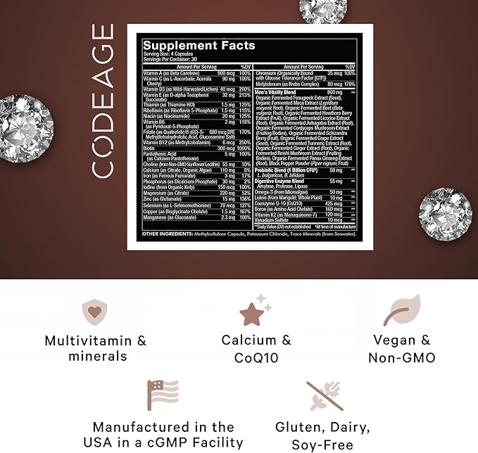 Codeage Men’s Daily Multivitamin Supplement, 25+ Vitamins & Minerals For Adults, Organic Whole Foods Vitamins For Men, Vitamin A, B Vitamins, Vitamin C, D, E, K, Probiotic, Zinc, Omega-3, 120 Capsules