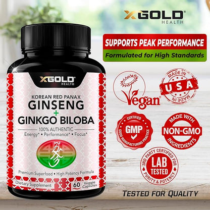 Korean Red Panax Ginseng 1200mg + Ginkgo Biloba - Extra Strength Root Extract Powder Supplement w/High Ginsenosides Vegan Capsules for Energy, Performance & Focus - Supplement for Men & Women