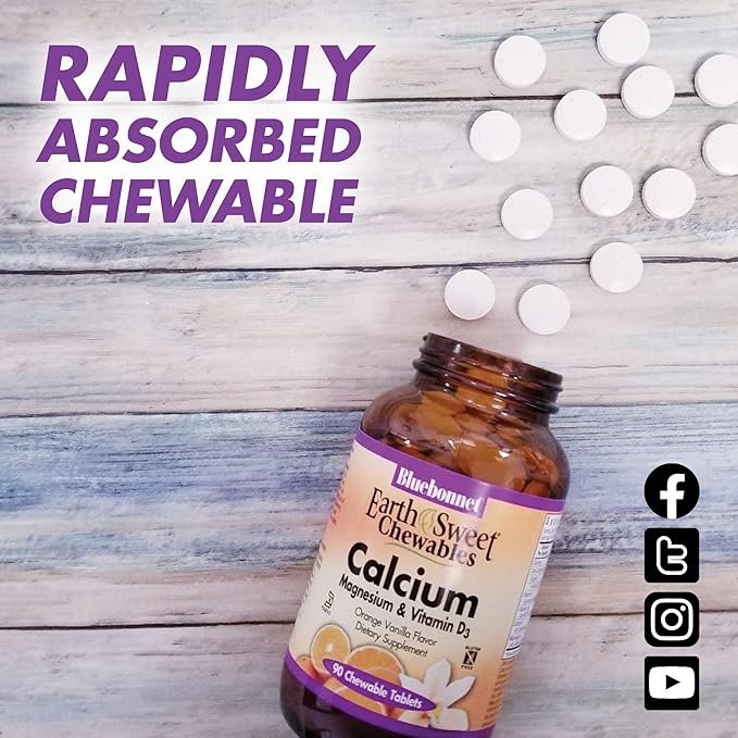 Bluebonnet Nutrition Calcium Magnesium Plus Vitamin D3 Earthsweet, Bone Health & Muscle Relaxation, Soy-Free, Gluten-Free, Kosher, Dairy-Free,90 Orange Vanilla Flavored Chewable Tablets