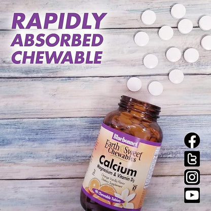 Bluebonnet Nutrition Calcium Magnesium Plus Vitamin D3 Earthsweet, Bone Health & Muscle Relaxation, Soy-Free, Gluten-Free, Kosher, Dairy-Free,90 Orange Vanilla Flavored Chewable Tablets