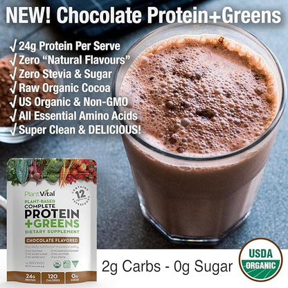 Plantvital Vegan Protein Powder Plant Based - Organic Protein Powder Chocolate - 24g/0g Sugar, 18 Superfoods, Probiotics, Raw Cocoa, Pea, Gluten-Free, Keto-Friendly, 48oz