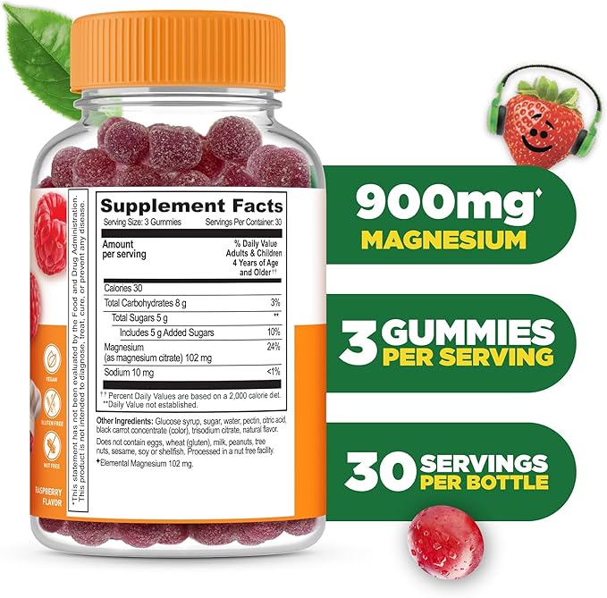 Lifeable Magnesium Gummies for Kids | 900mg Magnesium Citrate | Great Tasting Kids Magnesium Supplement | Gluten Free Muscle Support and Stress Relief Chewable | 90 Gummies