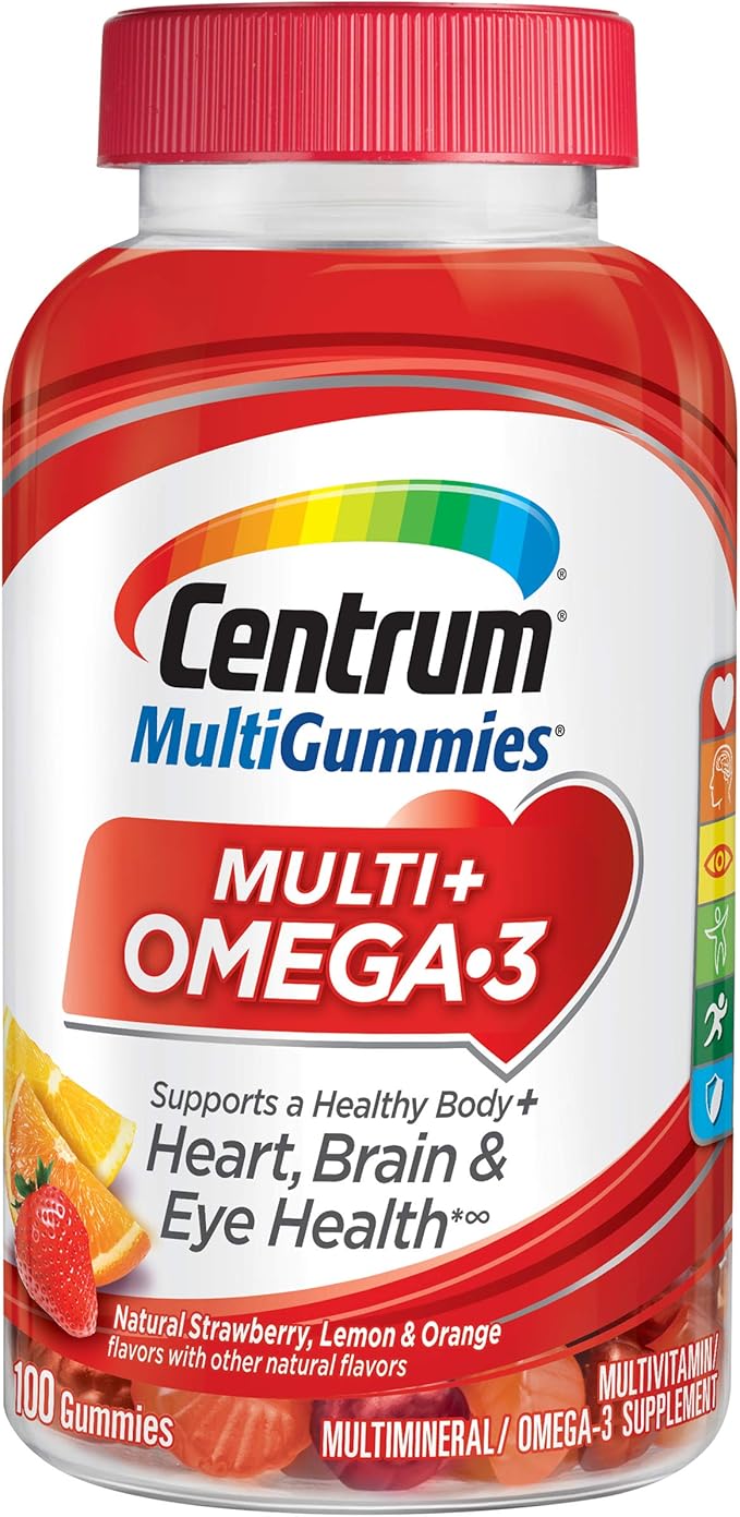Centrum MultiGummies Omega 3 Gummy Multivitamin for Adults, Multivitamin/Multimineral Supplement, Strawberry/Lemon/Orange Flavors - 100 Count