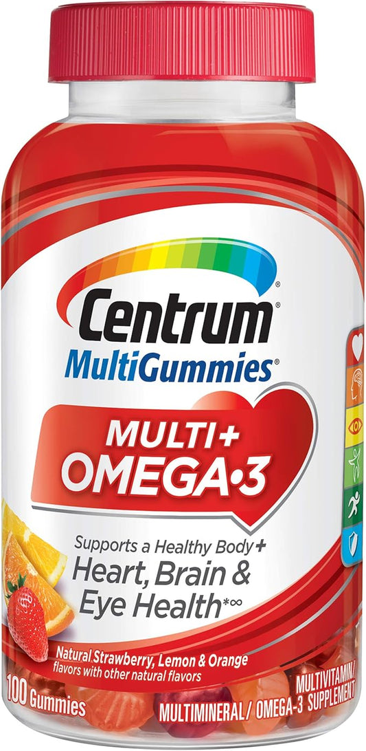 Centrum MultiGummies Omega 3 Gummy Multivitamin for Adults, Multivitamin/Multimineral Supplement, Strawberry/Lemon/Orange Flavors - 100 Count
