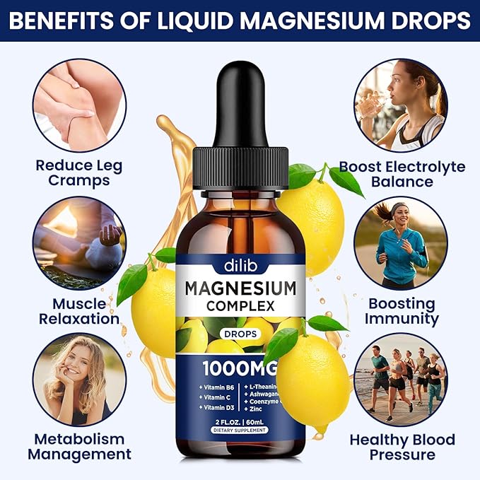 Triple Magnesium Complex Supplement, Magnesium Glycinate, threonate, Citrate Liquid Drops 1000mg with Ashwagandha, CoQ10, Vitamin B6, C, D, Zinc - Vegan Lemon Flavor
