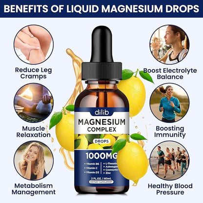 Triple Magnesium Complex Supplement, Magnesium Glycinate, threonate, Citrate Liquid Drops 1000mg with Ashwagandha, CoQ10, Vitamin B6, C, D, Zinc - Vegan Lemon Flavor