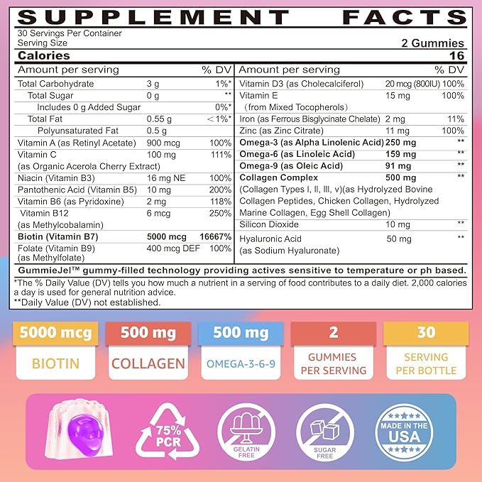 Hair Vitamins Gummies + Collagen Peptides, Biotin, Omega-3 6 9 for Women Men/w Vitamin A, C, B, Iron, Zinc - Multivitamin Gummies for Follicles, Hair Growth & Strength, Skin, Nails Health - 60Cts