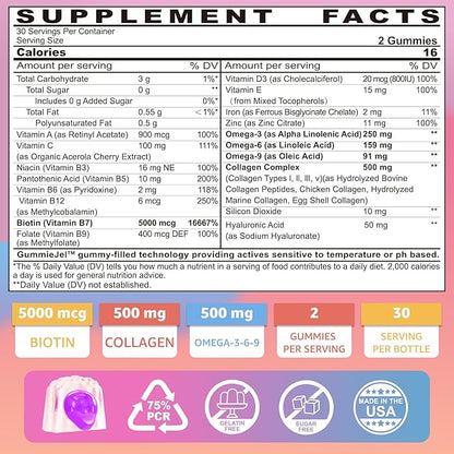 Hair Vitamins Gummies + Collagen Peptides, Biotin, Omega-3 6 9 for Women Men/w Vitamin A, C, B, Iron, Zinc - Multivitamin Gummies for Follicles, Hair Growth & Strength, Skin, Nails Health - 60Cts