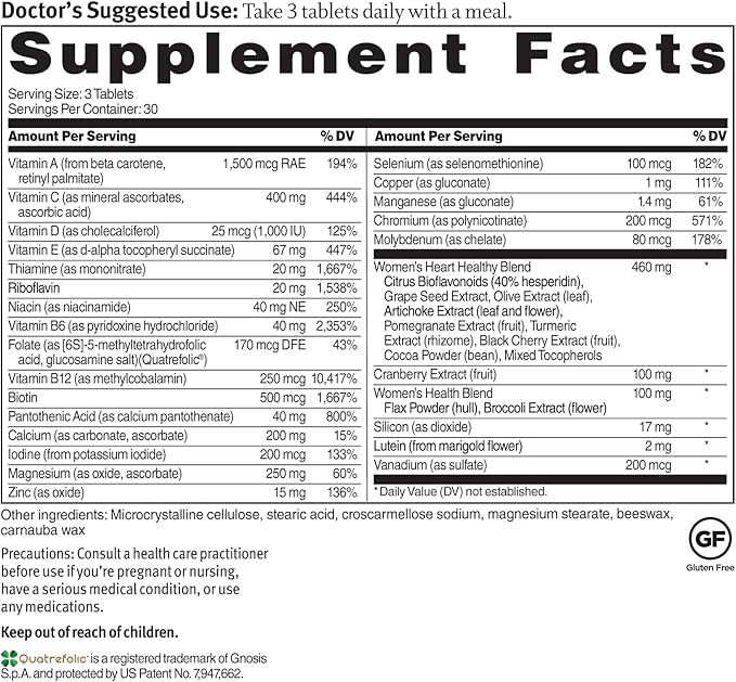Dr. Sinatra Heart Healthy Multivitamin for Women with Vitamin D 1000 IU, A, B12, C, E, Biotin, Folate, and Zinc, 90 Tablets (30-Day Supply)
