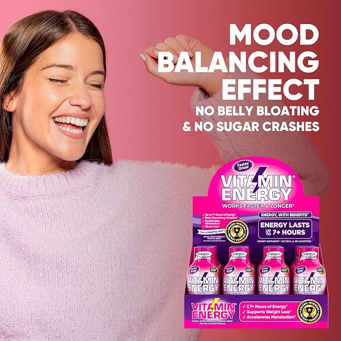 Mood Support Vitamin Energy Drink - Sugar Free, Keto/Vegan Friendly Shots | Mood Balancing with Rhodiola and Chamomile | Energize up to 7+ Hours | Tropical Berry - 1.93 Fl Oz - Pack Of 24