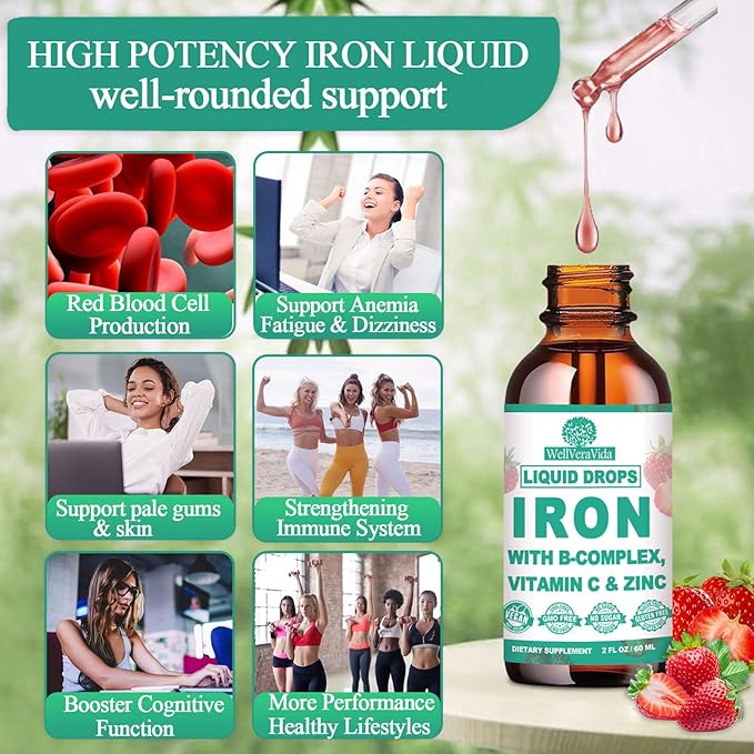 Liquid Iron Supplement w/Vitamin C, B-Complex, High Potency Iron Liquid w. Multivitamin, Vegan Iron Drops for Women, Kids, Chelate Liquid Iron Supplement for Anemia, Fatigue, Red Blood Cell Support