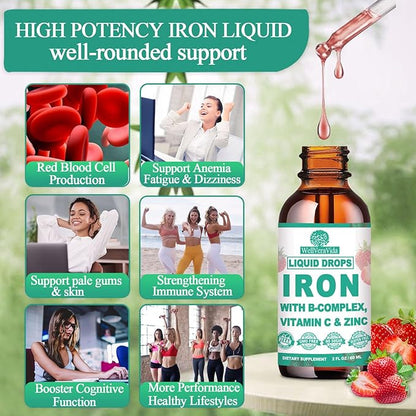 Liquid Iron Supplement w/Vitamin C, B-Complex, High Potency Iron Liquid w. Multivitamin, Vegan Iron Drops for Women, Kids, Chelate Liquid Iron Supplement for Anemia, Fatigue, Red Blood Cell Support