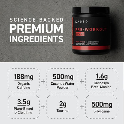 Kaged Pre-Kaged Sport Pre Workout Powder | Fruit Punch | Energy Supplement for Endurance | Cardio, Weightlifting Sports Drink | 20 Servings