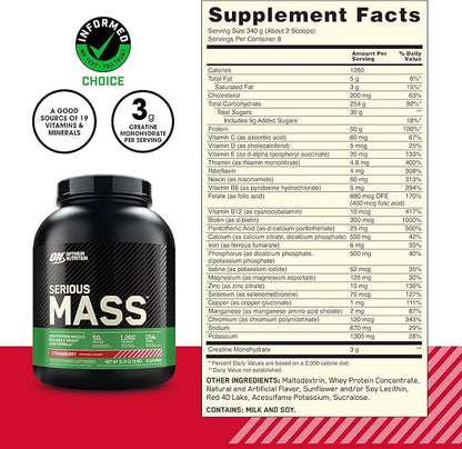 Optimum Nutrition Serious Mass, Weight Gainer Protein Powder, Mass Gainer, Vitamin C and Zinc for Immune Support, Creatine, Strawberry, 6 Pound (Packaging May Vary)