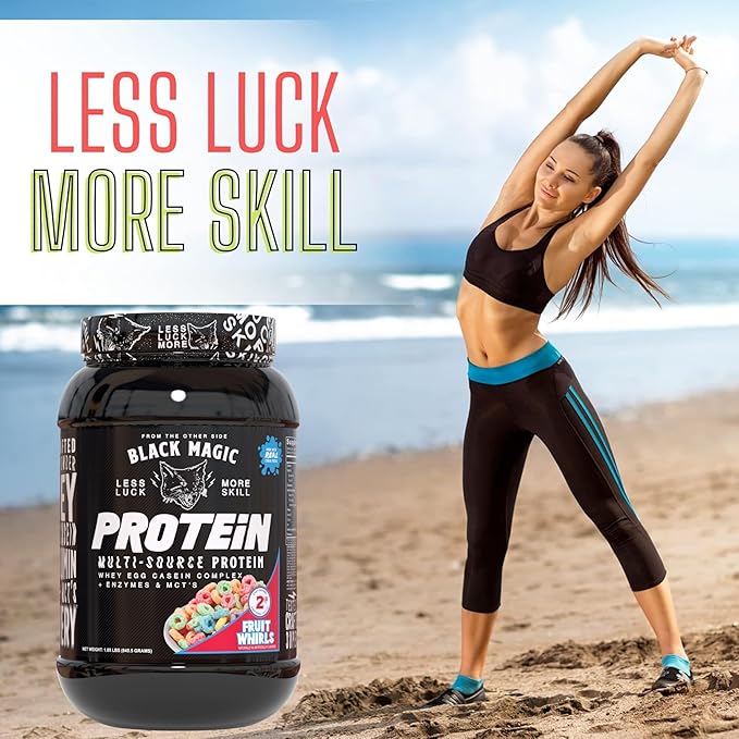 Worldwide Nutrition Black Magic Multi-Source Protein Powder - Whey, Egg Albumin Enzymes, Micellar Casein & MCTs - Muscle Mass Gaining - Fruit Whirls Flavor - 2 LB with Bonus Multi Purpose Key Chain