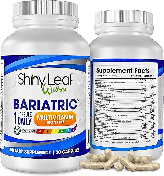 Shiny Leaf Bariatric Multivitamin Iron-Free Capsules for Post Bariatric Surgery Patients, Once Daily Bariatric Vitamins Without Iron for WLS, Sleeve, Gastric Bypass Surgery (1 Month / 30 Caps)