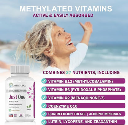 Just One Daily Methylated Multivitamin with Methyl B12, Quatrefolic Methylfolate, Pure MTHFR Supplement for Men and Women Without Iron, 2 Bottles (60 Vegan Capsules), USA-Made