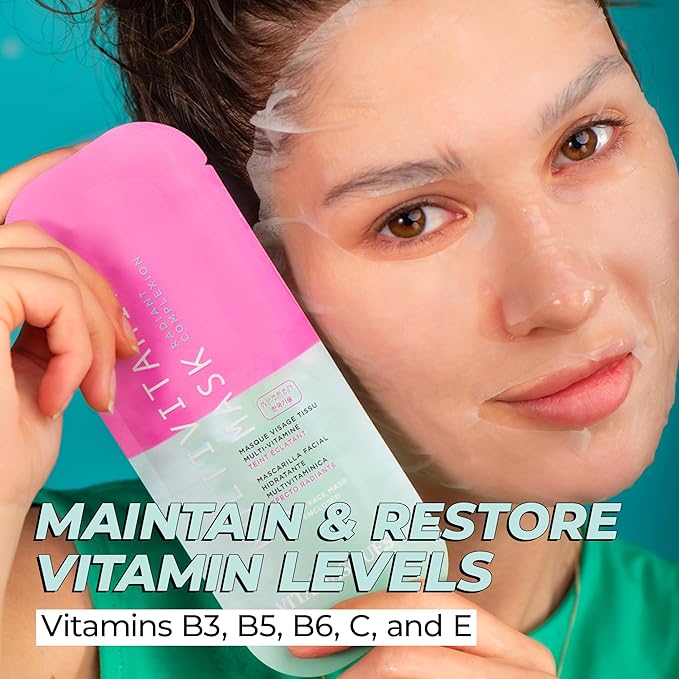 Vitamasques Multivitamin Face Mask, 8-Pack - Hydrating and Nourishing for Radiant Skin, Provides Vitamins B, C & E