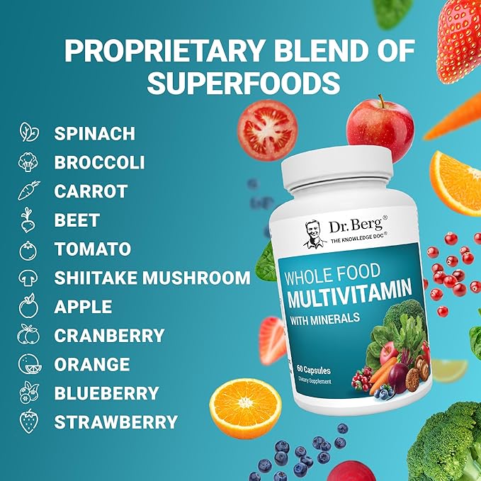 Dr. Berg Whole Food Multivitamin with Minerals - Daily Multivitamin for Men and Women - Includes Premium Whole Food Fruits and Vegetable Blend with Folate, Alpha-lipoic Acid and More - 60 Capsules