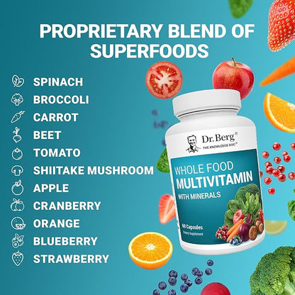 Dr. Berg Whole Food Multivitamin with Minerals - Daily Multivitamin for Men and Women - Includes Premium Whole Food Fruits and Vegetable Blend with Folate, Alpha-lipoic Acid and More - 60 Capsules
