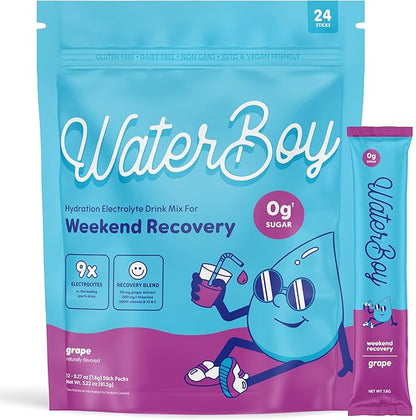 Waterboy Weekend Recovery | 3,187mg Electrolyte Powder Packets | Ginger + L-Theanine + Vitamins | No Sugar, All Natural, Gluten Free | 24 Drink Stick Mixes (Grape)