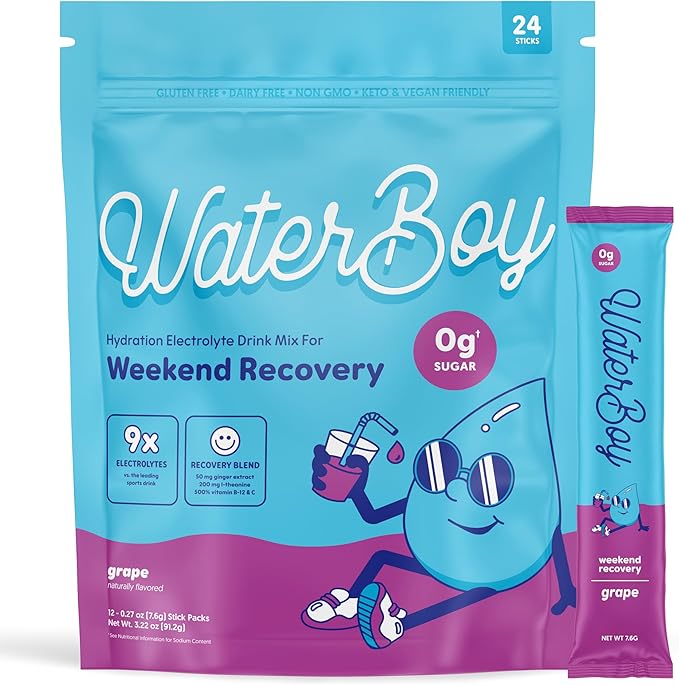 Waterboy Weekend Recovery | 3,187mg Electrolyte Powder Packets | Ginger + L-Theanine + Vitamins | No Sugar, All Natural, Gluten Free | 24 Drink Stick Mixes (Grape)