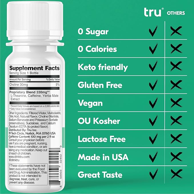 Tru Focus Shot, Apple Kiwi Flavored Extra Strength Energy Shots - Zero Sugar Nootropic Drink plus Adaptogens, Choline, and Yerba Mate - Natural Caffeine, GF, Keto, Vegan Supplement, 2oz (Pack of 24)