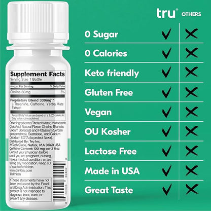 Tru Focus Shot, Apple Kiwi Flavored Extra Strength Energy Shots - Zero Sugar Nootropic Drink plus Adaptogens, Choline, and Yerba Mate - Natural Caffeine, GF, Keto, Vegan Supplement, 2oz (Pack of 24)