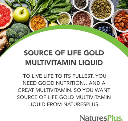 Natures Plus Source of Life Gold Multivitamin Liquid - 30 oz - Supports Energy Production, Healthy Immune System & Well-Being Includes Vitamins D3, B12, K2 & Over 120 Whole Food Nutrients, 30 Servings