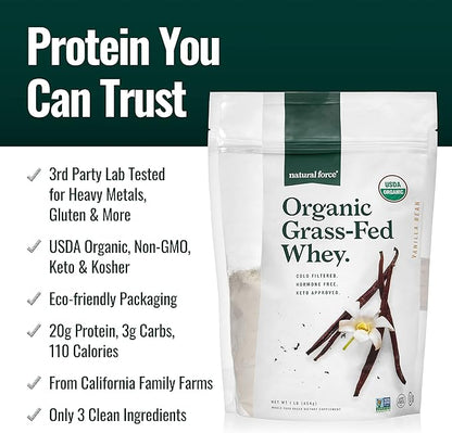 Natural Force Grass Fed Organic Whey Protein Powder – Non GMO Verified, Humane Certified & Lab Tested for Toxins – Real Vanilla Flavor – Keto Friendly, Low Carb, and Kosher - 16 Ounce A2 Protein