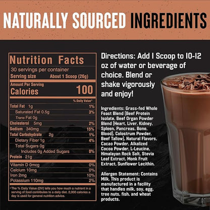 The Fittest Whole Feast Beef Protein Powder - Milk Chocolate - Nose to Tail Carnivore Blend Including Liver, Colostrum and Whole Bone - BCAAs - 14g Collagen, 21g Total Protein